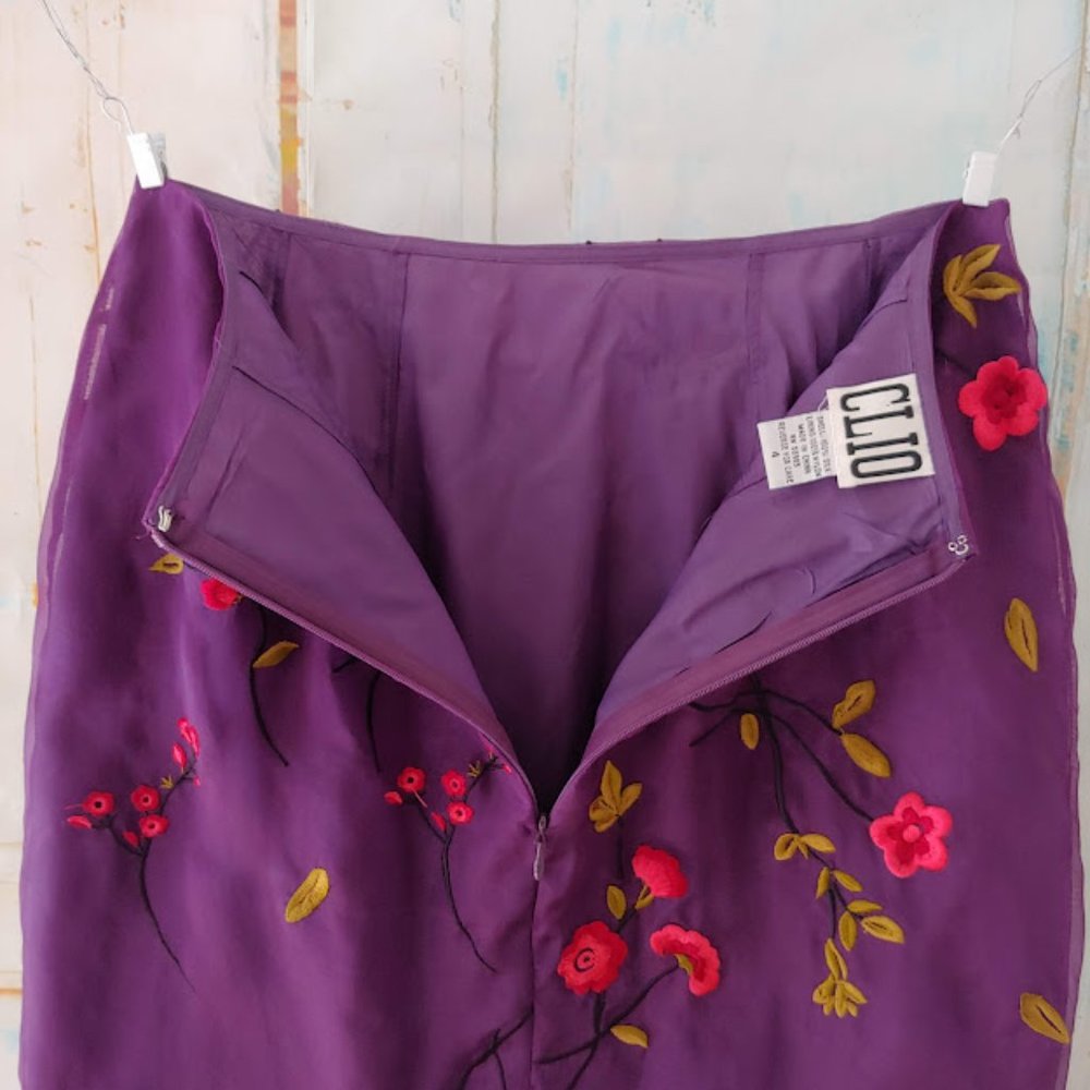CLIO 100% silk floral embroidery sheer shell zipper w dart waist/4/plum & pink - Picture 4 of 5